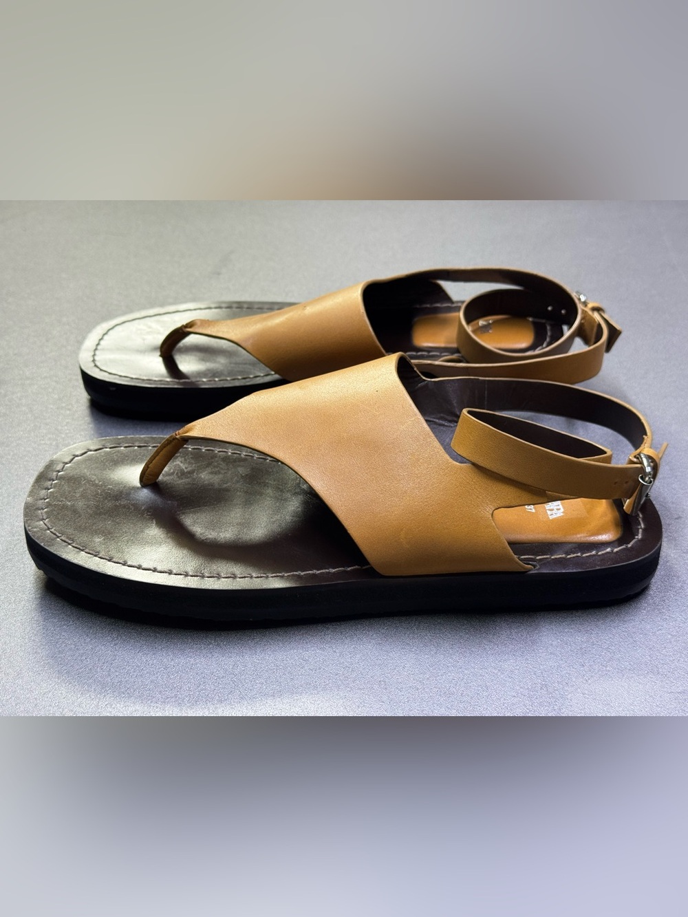 Zara Leather Flat Sandals Women EU 37 Brown Thong Square Toe Ankle Strap - Picture 5 of 9
